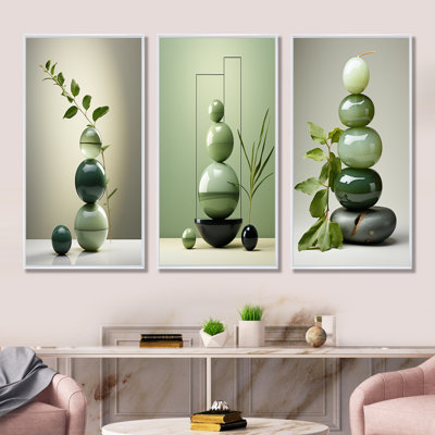Green Zen Spiritual Stone I - Spiritual Stone Wall Art Living Room Set Of 3