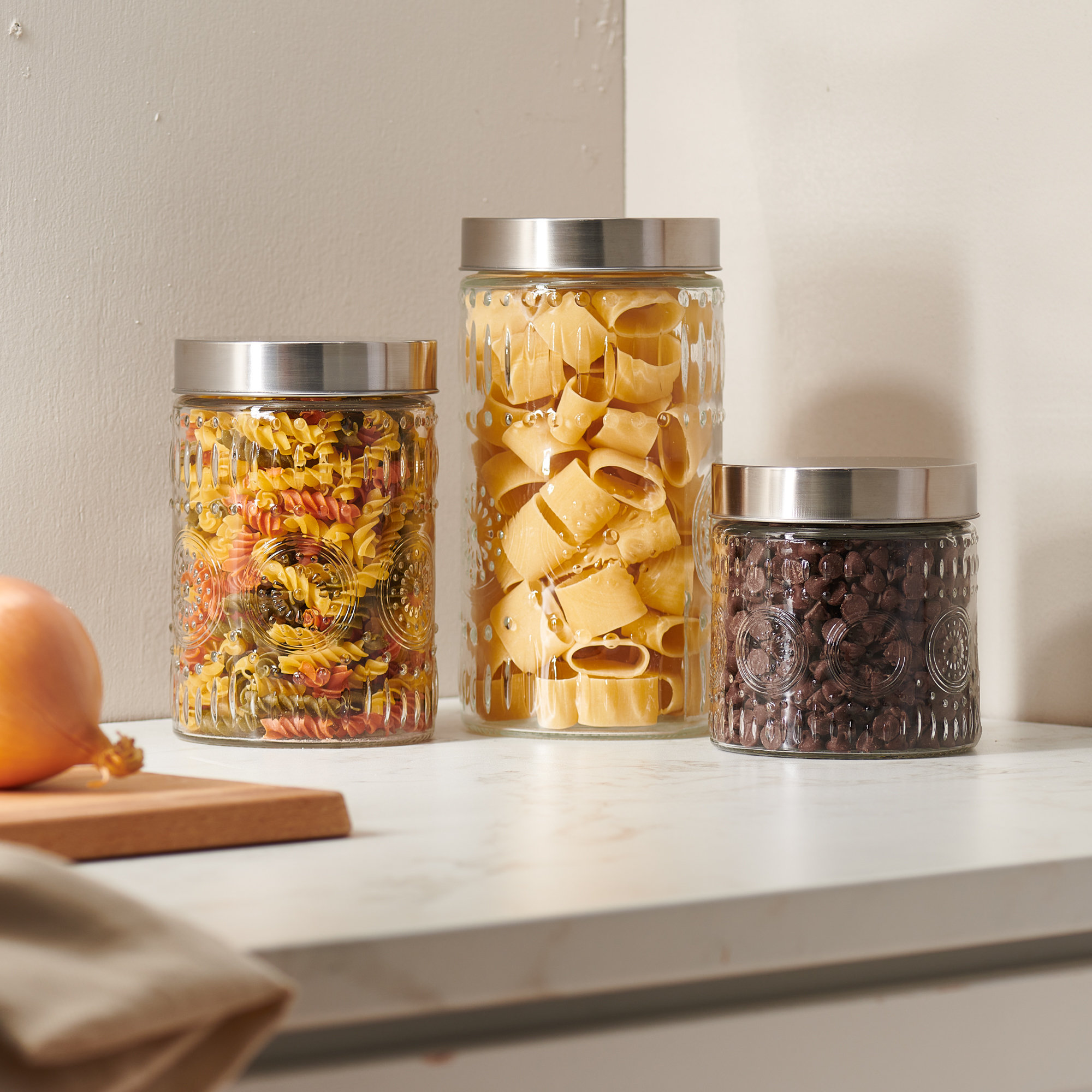 3 Pc 30Oz Clear Glass Storage Jar with Lids - Airtight Food Jars - Glass  Kitchen