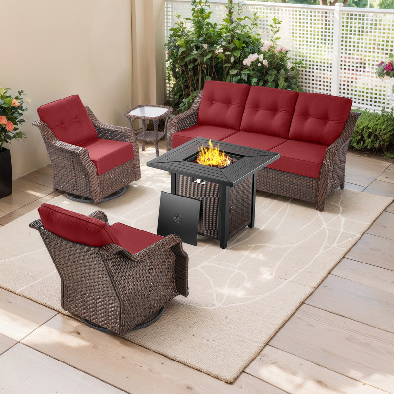 Elona 5-Piece Outdoor Wicker Patio Conversation Set With Square Metal Fire Pit, Swivel Gliders And Side Table For Patio, Red