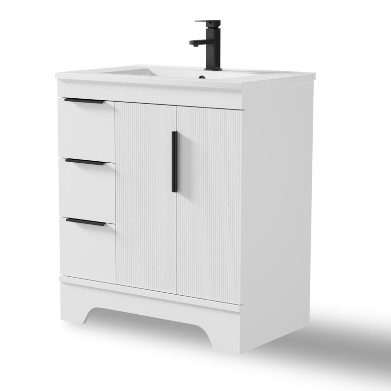 Skeen 30" Mid-century Modern Single Bathroom Vanity Set With Resin Sink Top, Faucet, Assembly Required, 30", White