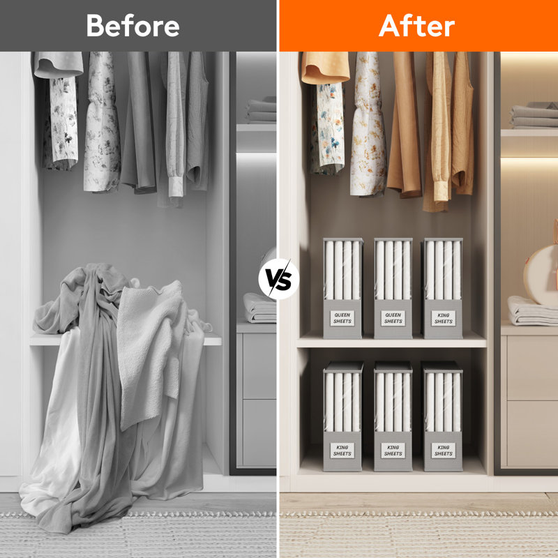 Ensemble de 6 draps de lit, organisateurs de draps pliables et rangement avec grande fenêtre transparente et étiquette, organisateur de draps pour placard à linge, bacs de rangement avec couvercles pour ensemble de housse de couette