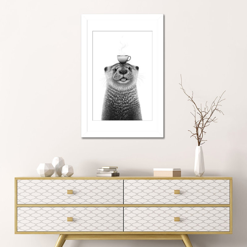 Loutre avec café, impression d'art mural encadrée, 24 po x 16 po, Papier encadré, Blanc