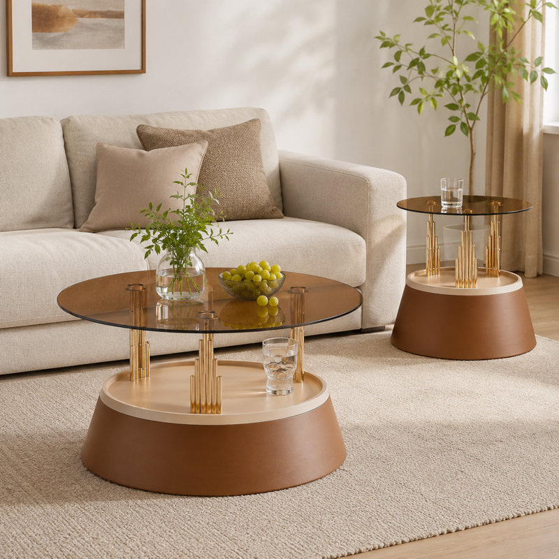 Ensemble de 2 tables basses gigognes, Brun