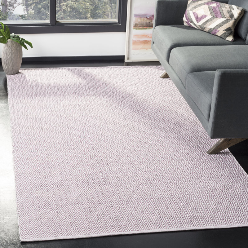 Tapis ivoire / mauve en coton tissé à plat à la main à motif géométrique Akihiro, Rectangle 8 pi x 10 pi