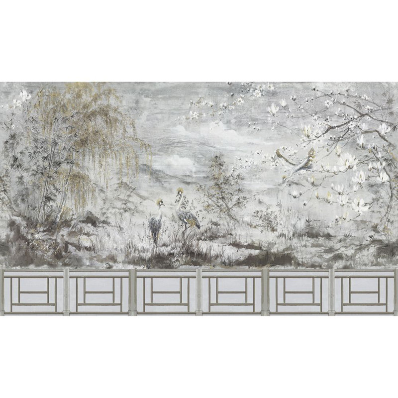 Blossom Chinoiserie Animal Print Metallic Wallpaper, Silver Gold