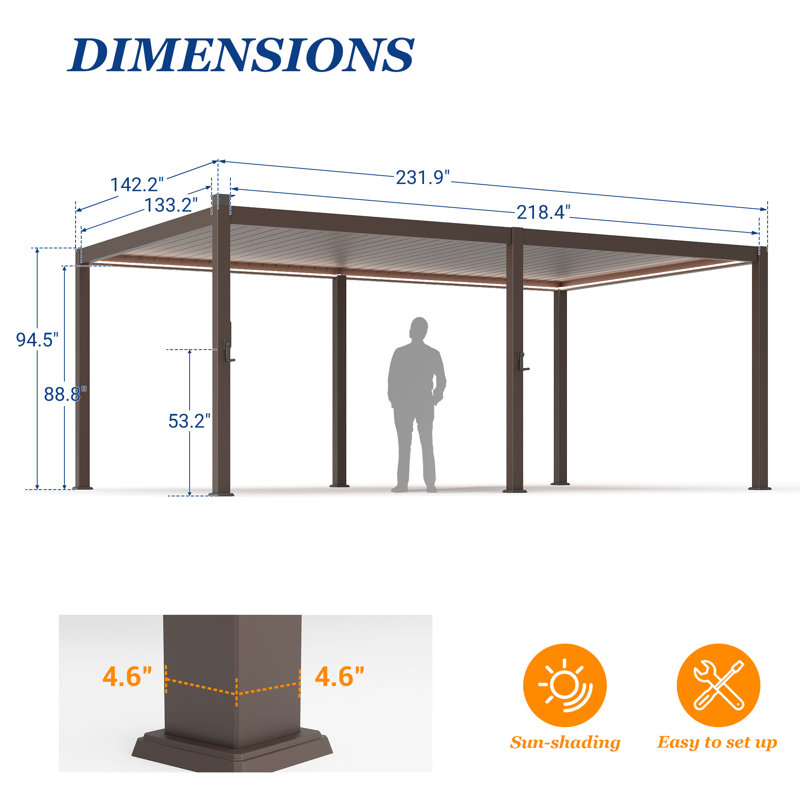 LED Outdoor Louvered Pergola, Full Aluminum Frame with Rainproof Double Aluminum Louvers & Hidden Drainage System & Solar-powered for Patio, Garden