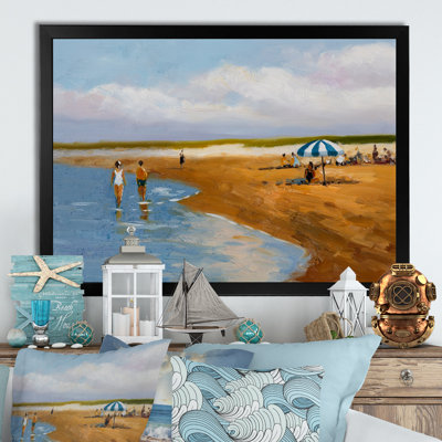 «Blue Sea By The Orange Beach With Parasol», art mural nautique et côtier sur toile