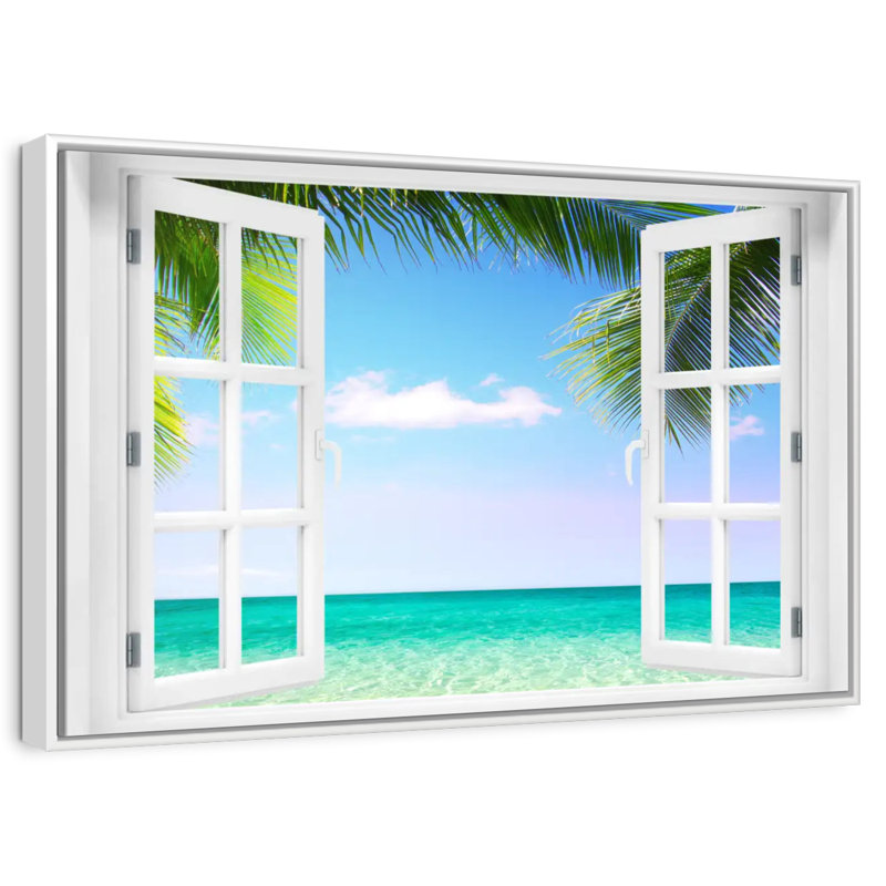 Fenêtre sur la plage turquoise, Cadre flottant blanc, 46 po x 31 po
