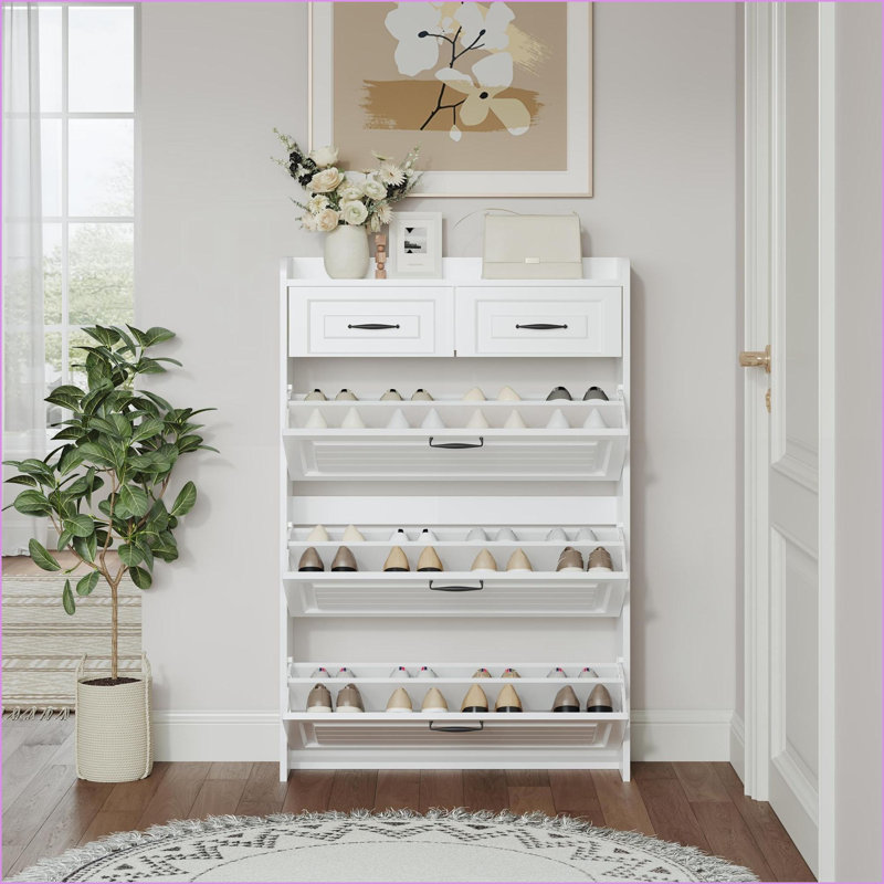 Shoe Cabinets Off-White &amp; Walnut Brown with 3 Doors 2 Drawers Large Storage | Particle Board+MDF | Modern, White/Natural