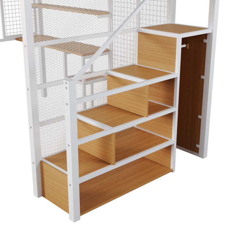 Lit mezzanine double en métal avec garde-robe, bureau, tablettes de rangement, blanc