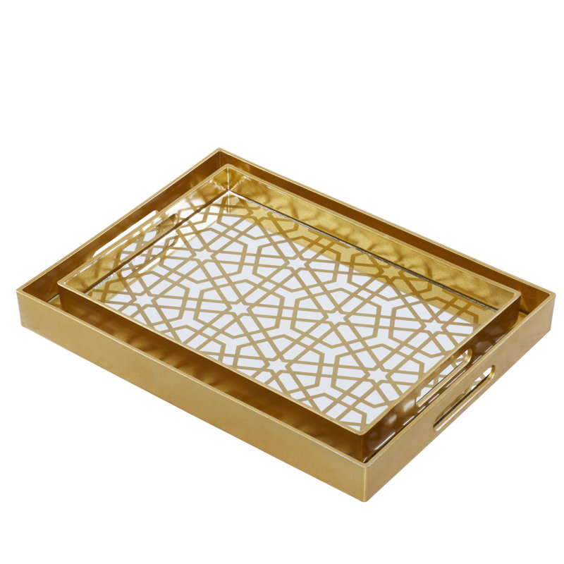 Gold Geometric Mirrored Glass Tray Set, 14" and 16"