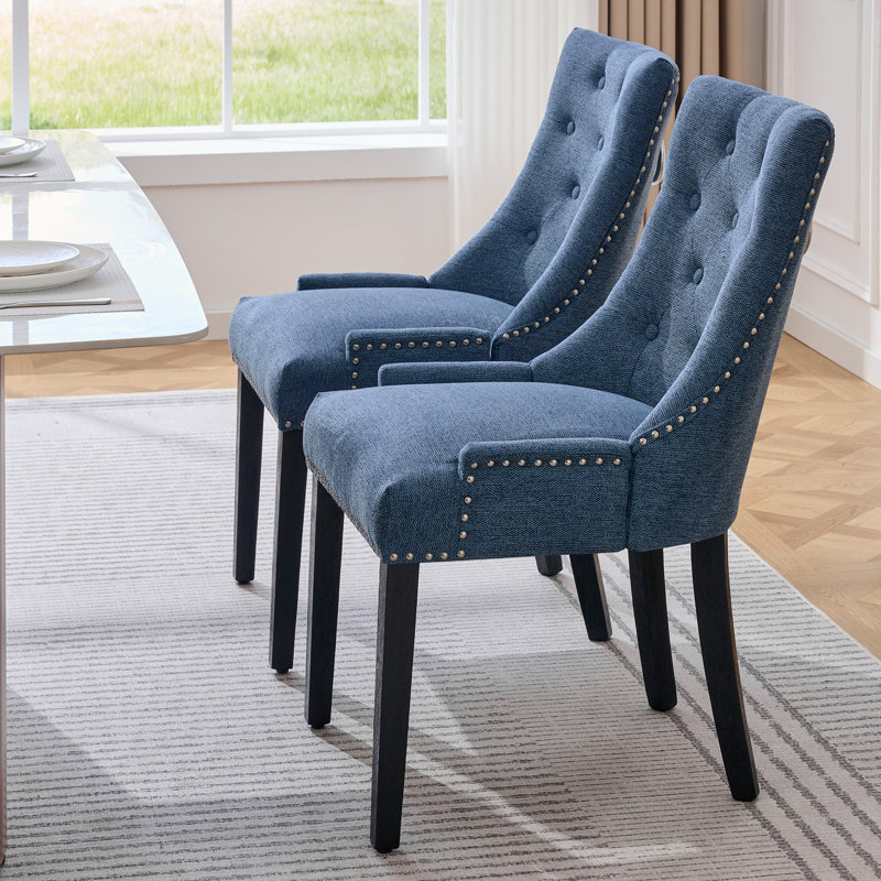 Ensemble de 2 chaises de salle à manger rembourrées en lin avec pieds en bois massif, Noir, Bleu