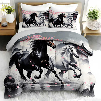 Majestic Horse Comforter Set, Japanese Inspired Bedding Set with 2 Pillow Cases, Soft and Machine Washable Bedding, All Seasons Comforter for Room Decor