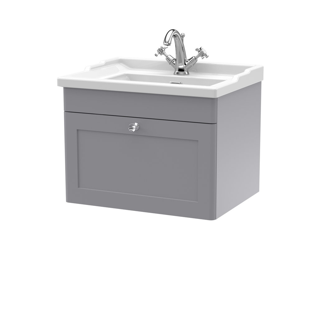 Nuie Satin Grey Classique Wall Hung Single Drawer Vanity Unit And 35Mm Profile Traditional Basin | | Mdf | 600Mm - Image 3