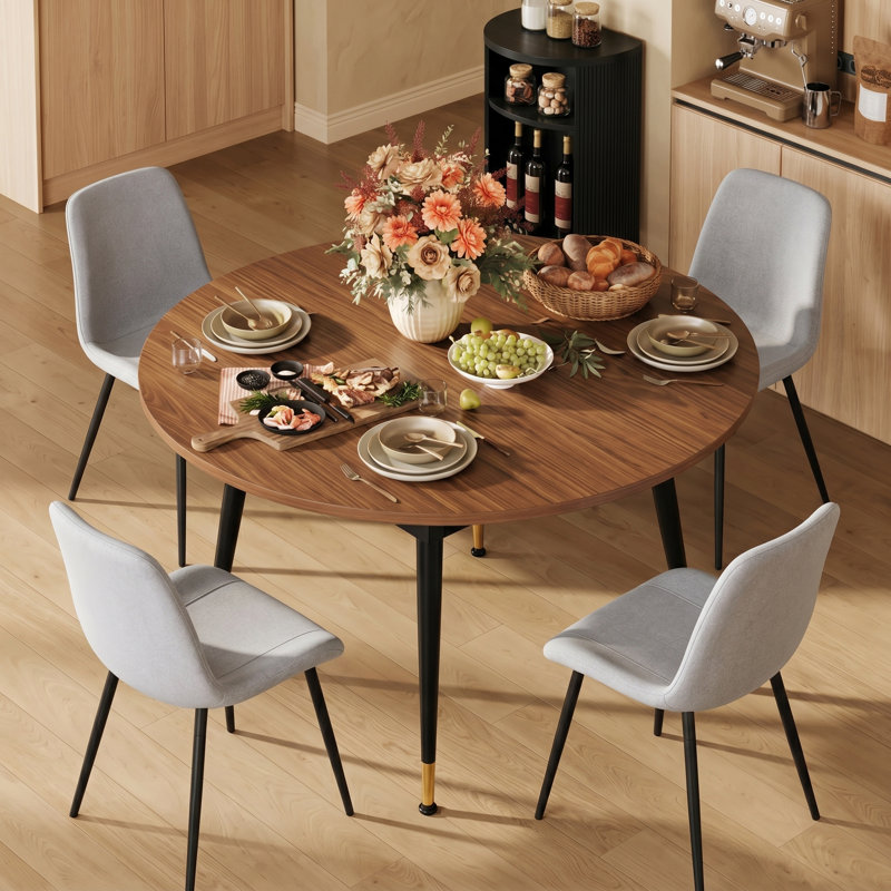 7-Piece Mid-Century Modern Extendable Round-to-Oval Dining Set with Upholstered Chairs, Light Gray
