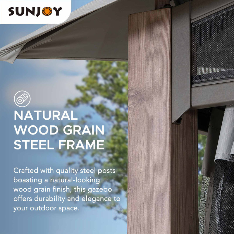 Gray Steel Frame Outdoor Gazebo with Mesh Netting and 2-Tier Roof