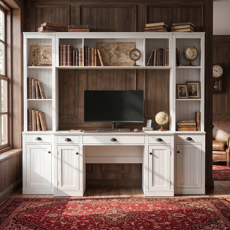 Abigael 88.5'' W Wall Unit Desk With Hutch Bookcase, Drawers, Cabinets, And Open Storage Shelves