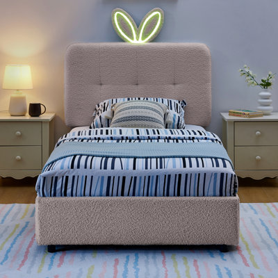 Lit tapissier pour enfants avec tête de lit surdimensionnée pour oreilles de lapin, lumière DEL et 4 tiroirs de rangement, tissu Boucle