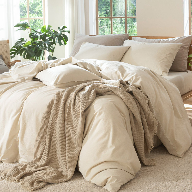 Ensemble de housse de couette 100% coton délavé MooMee, Housse de couette super grand super + 2 taies d'or