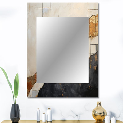 Or noir orné de poteries VI - miroir décoratif à spirales abstraites, miroir mural noir, impression d'art en métal