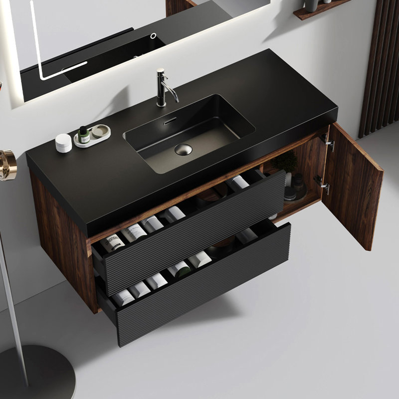 Meuble-lavabo mural en noyer et quartz noir
