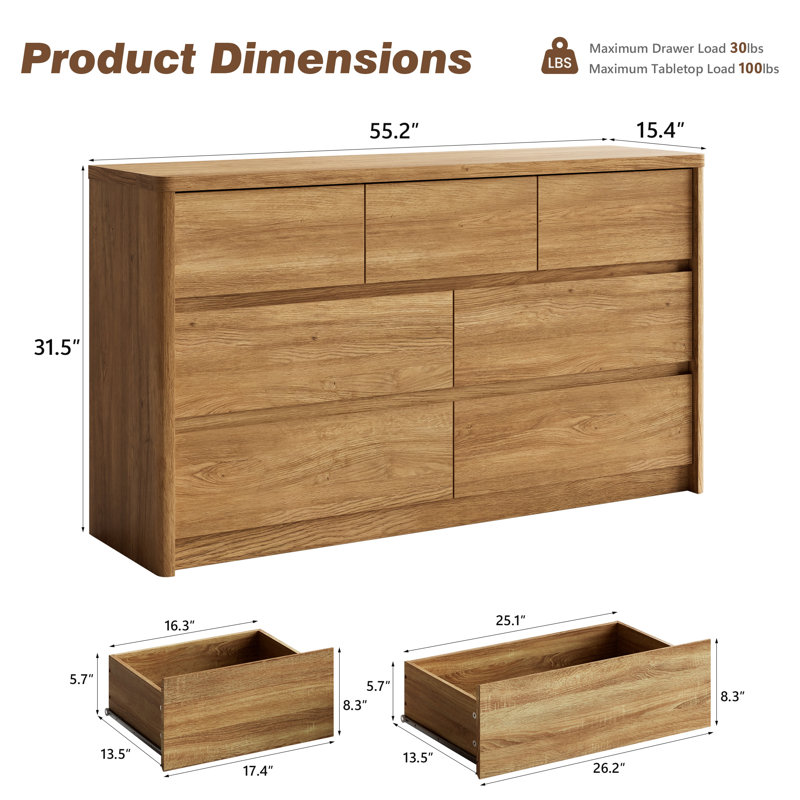  7 Drawer Dresser For Bedroom, Curved Edge Design Modern Dressers & Chest Of Drawers, 55" Wide Nursery Dresser,7 Drawer Large Dresser For Bedroom Natural Oak