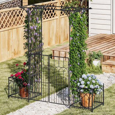 Arche de jardin en métal 79 po avec barrière et jardinières, arche de mariage pour plantes grimpantes, tonnelle d'extérieur résistante aux intempéries pour la pelouse, le patio ou la cour