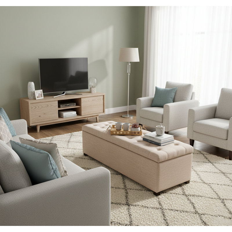 Linoso Chesterfield Storage Ottoman Bench, Tufted Upholstered Footstool with Hinged Lid and Square Wooden Legs, Sand Linoso