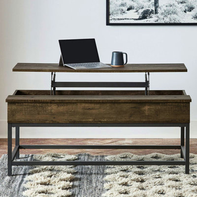 Table basse rectangulaire à plateau relevable avec base en chêne brun et métal noir pour un espace de vie moderne et sablonneux
