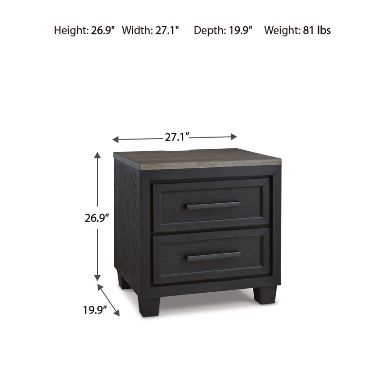 27" Black and Brown Oak 2-Drawer Nightstand