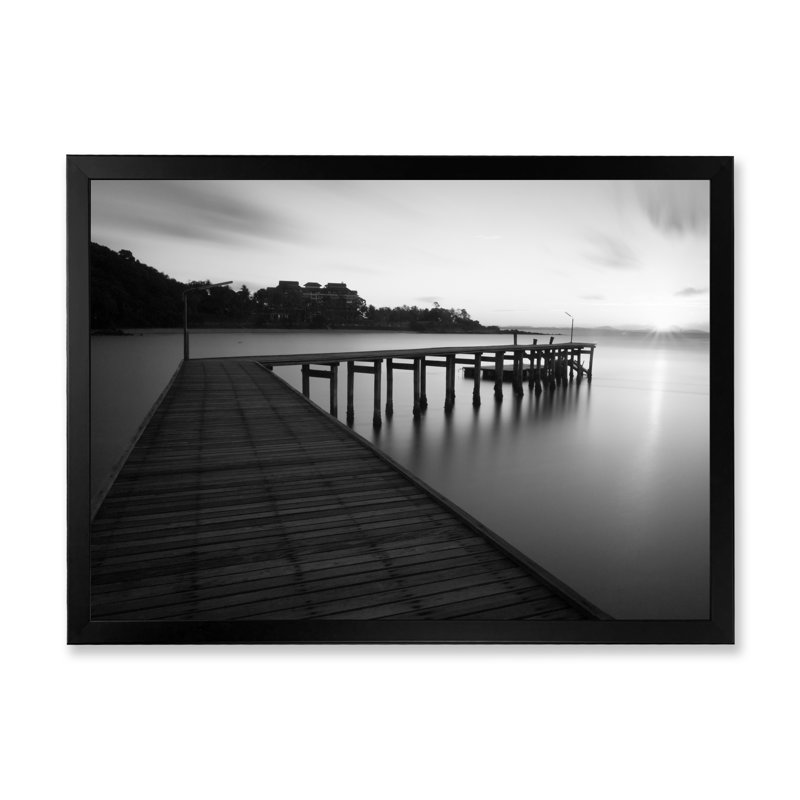 " Black And White Bridge Pier ", 8" H x 12" W x 1" D, Black Closed Corner Framed