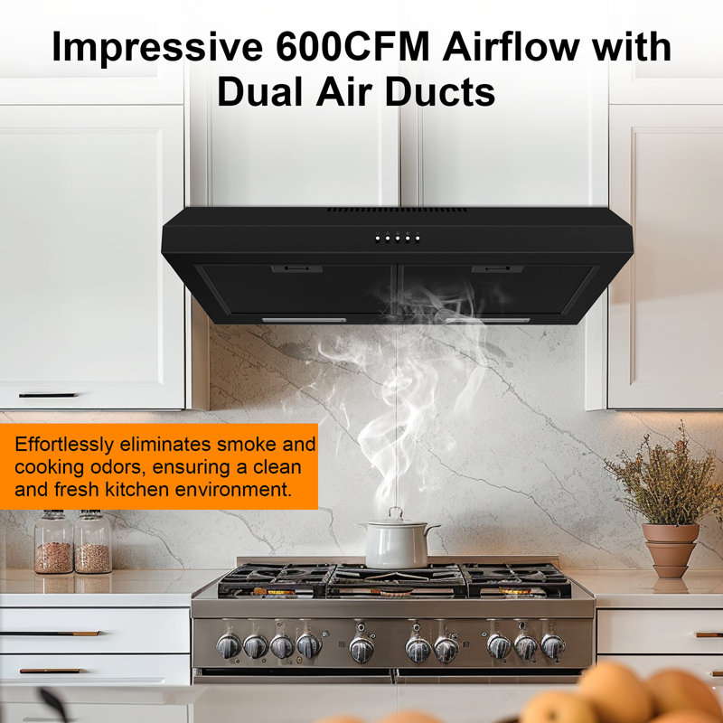 30 Inch 600 Cfm Under Cabinet Stainless Steel Cabinet Range Hood, Black