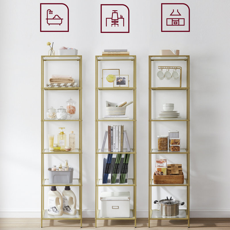 Agosti Stainless Steel Etagere Bookcase, Clear/Metallic Gold, (6 Shelves) 69.8" H x 15.7" W