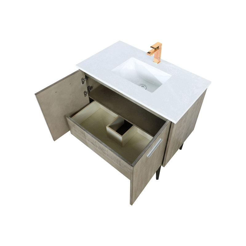 Meuble-lavabo rustique en acacia 36 po X P 20 po D, plateau en marbre de culture et robinet en or rose, 36"