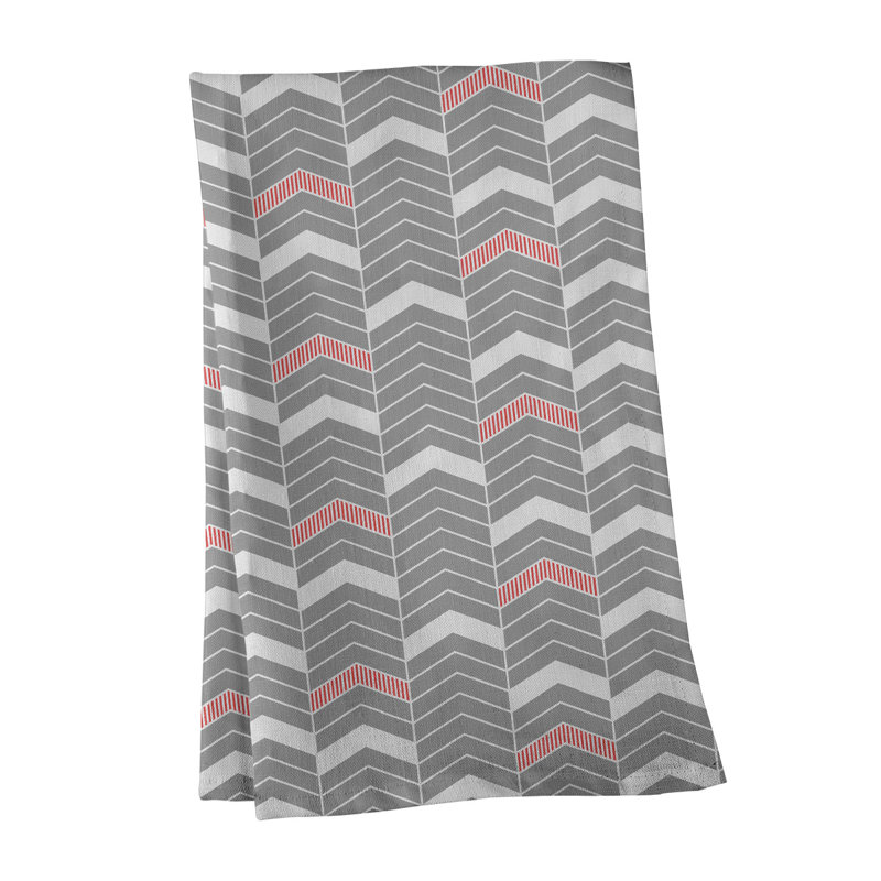 Serviette à thé à chevrons Stephenie, Gris et rouge, Sergé de coton