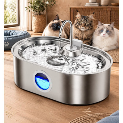 Extra-Large 16L/4.2Gal Stainless Steel Pet Fountain with a 68-cup water tank and deeper, wider no-spill drinking bowl, designed for multi-pet households.