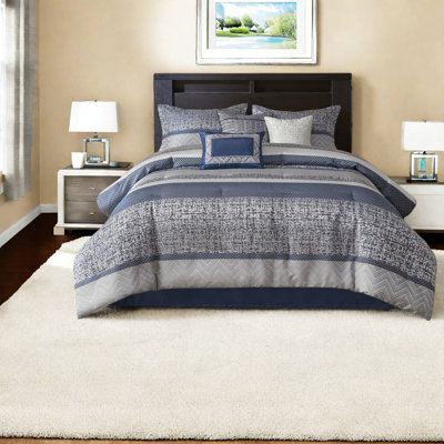 Luxurious Jacquard Bedding Set, Polyester, Navy, Transitional Style For Home