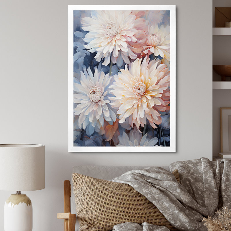 «White and Pink Mums Flowers Elegance», reproduction sur toile, H 44 po x l 34 po x P 1,5 po, Cadre simple blanc