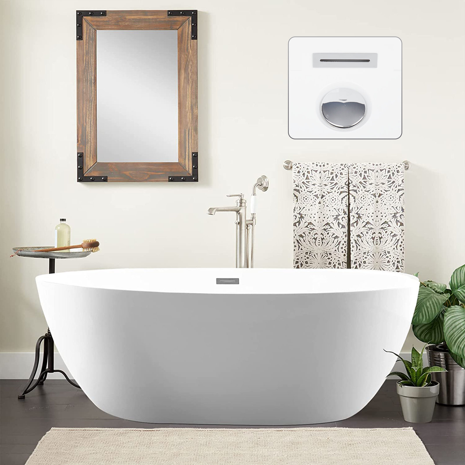 Freestanding Soaking Acrylic Bathtub, White/Polished Chrome, 23.2" H x 39.8" W x 68.5" L