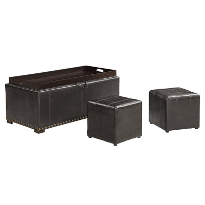 Leather Storage Bench With 2 Side Ottomans, Black