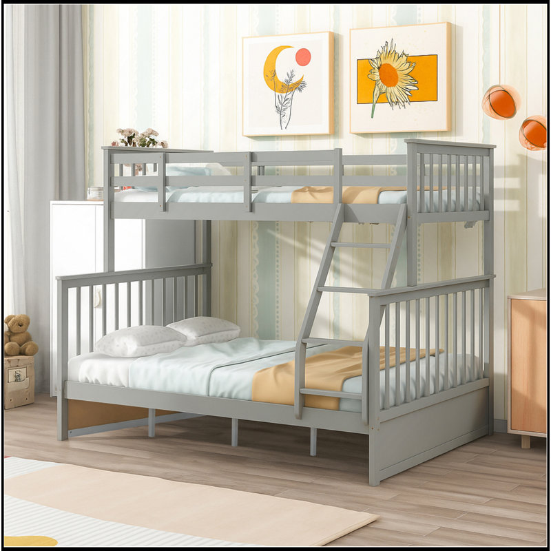 Lit simple superposé au-dessus d'un lit double, lit superposé en bois avec échelle et garde-corps gris