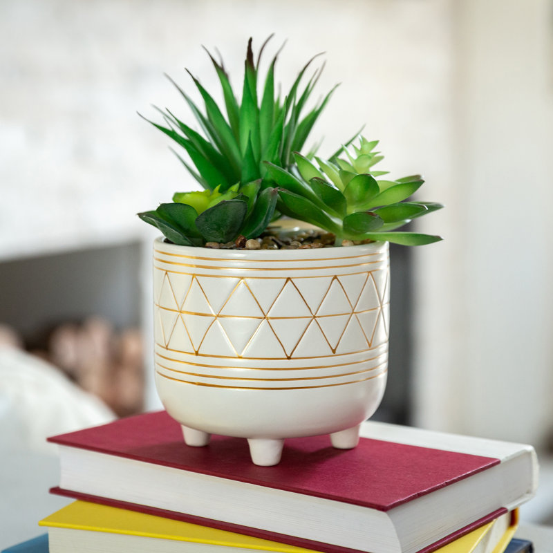 Plante molle artificielle en pot, H 9 po x l 5,75 po x p 5,75 po, Blanc / doré