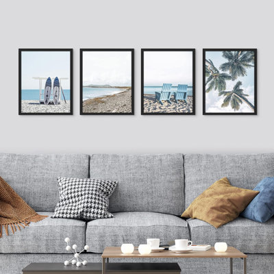 «Surfboard Tropical Palm Tree Beach Shore», reproduction encadrée de 4 pièces