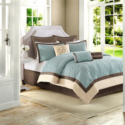 Luxurious Blue Charmeuse King Bedding Sets, Polyester Quilt, Traditional Style For Home