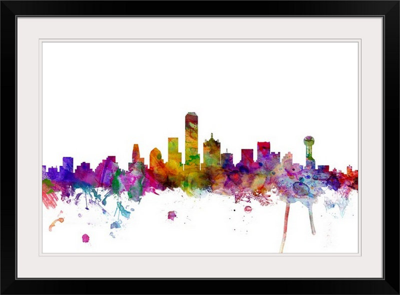 «Dallas Texas Skyline» par Francy, impression, Cadre noir, H 24 po x l 32 po x P 1 po