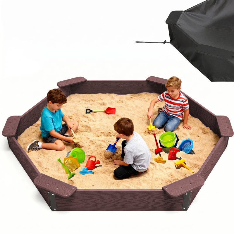 Grand bac à sable Hdpe 78,3 po x 8,4 po avec 6 bancs, bac à sable extérieur hexagonal avec couvercle, Coffee