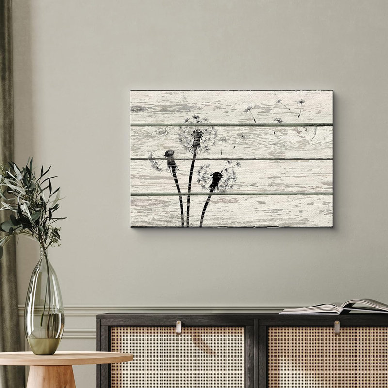 Windy, noir et blanc, silhouette de pissenlit, fleurs naturelles, effet de bois, panneaux, illustrations, rustique