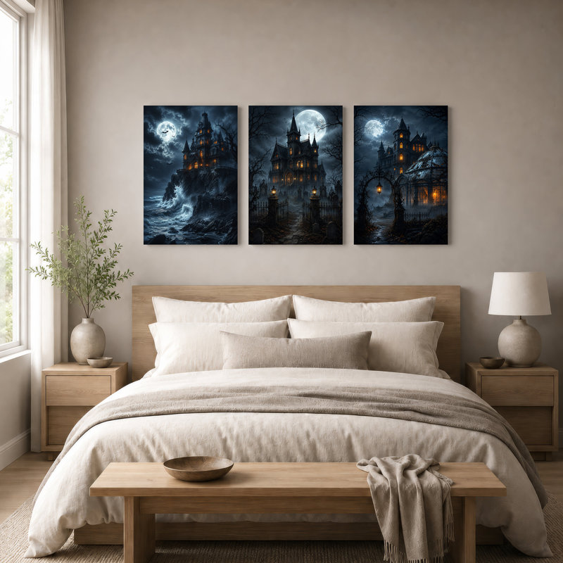 Manoir gothique sombre avec fenêtres illuminées et ensemble de 3 toiles murales d'Halloween, 18"H x 12"W x 3pcs