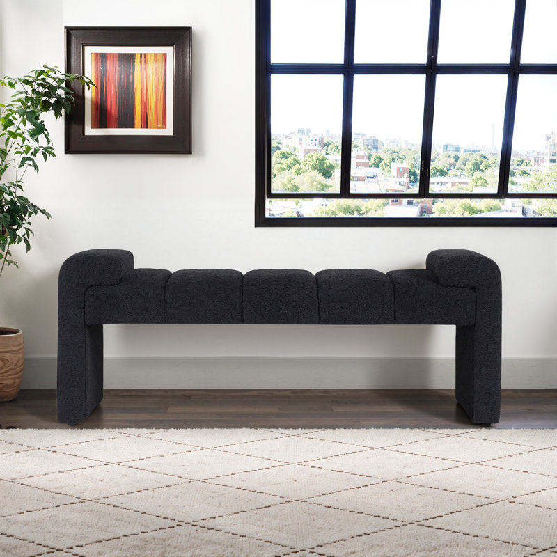 Laytona 60" Boucle Upholstered Channel Tufted Bench with Arm, Black