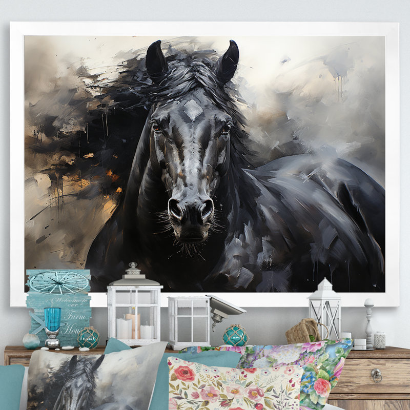 Étalon noir en mouvement - reproductions encadrées de chevaux, Cadre photo blanc, H 30 po x l 40 po